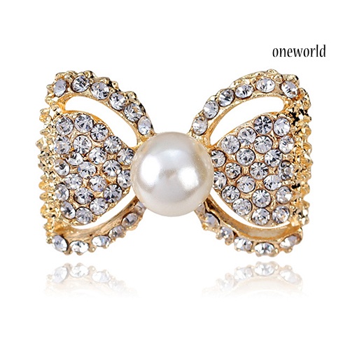 OW@ Lady Fashion Bowknot Shiny Rhinestone Imitation Pearl Scarf Dress Brooch Pin