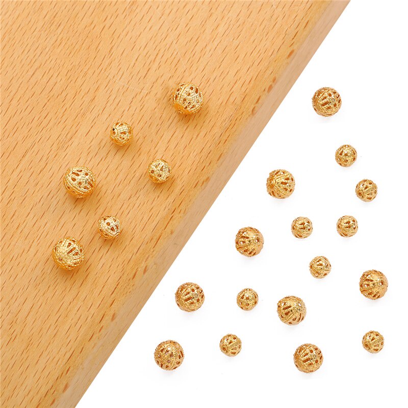 18K Gold Plated 10Pcs 6 8mm Copper Round Loose Flower Ball Beads for DIY Necklace Bracelet Jewelry Findings Making Accessories