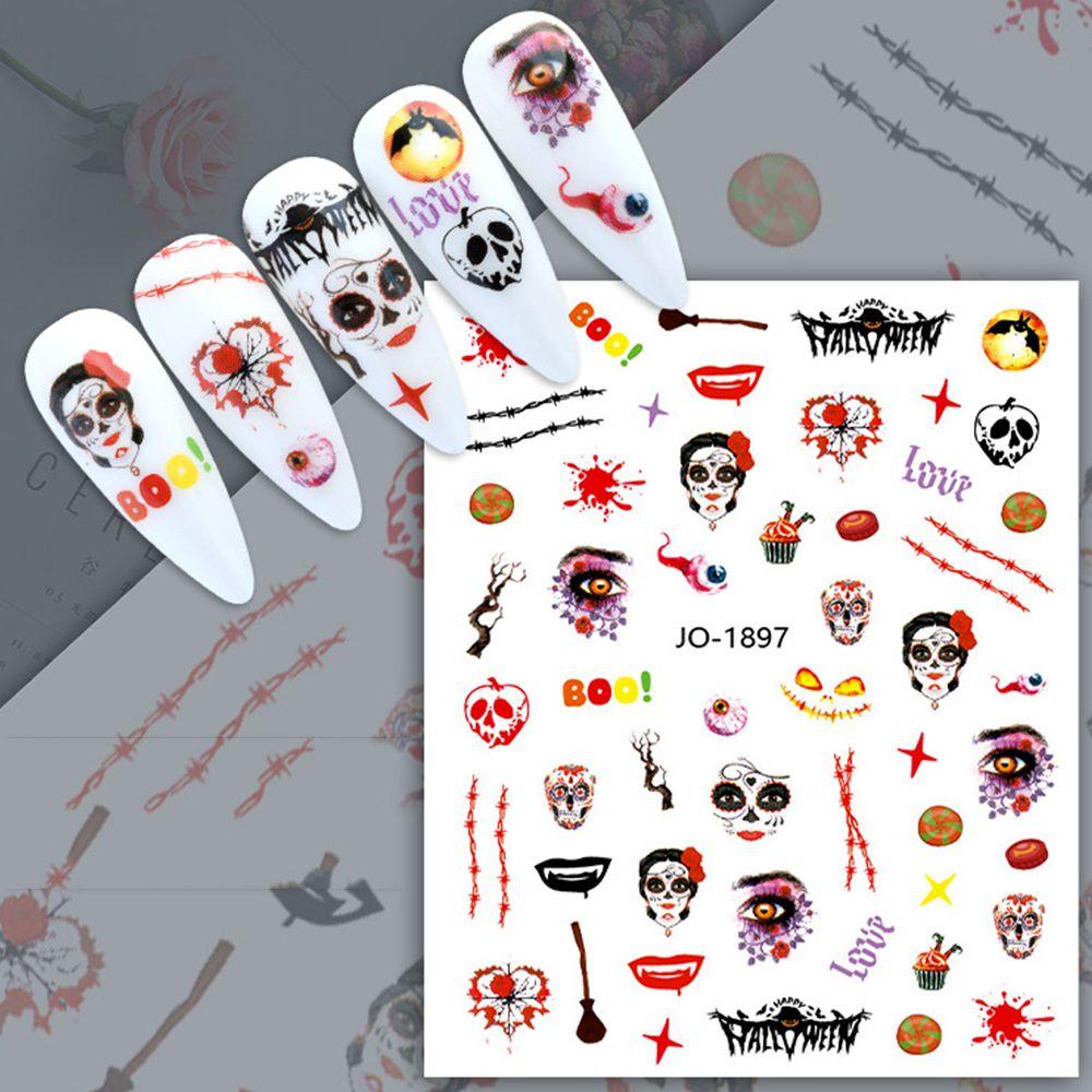 AUGUSTINA Agustinina Halloween Stiker Kuku Fashion Perekat Diri Joker Spider Skeleton Pola Labu Halloween Kuku Foil