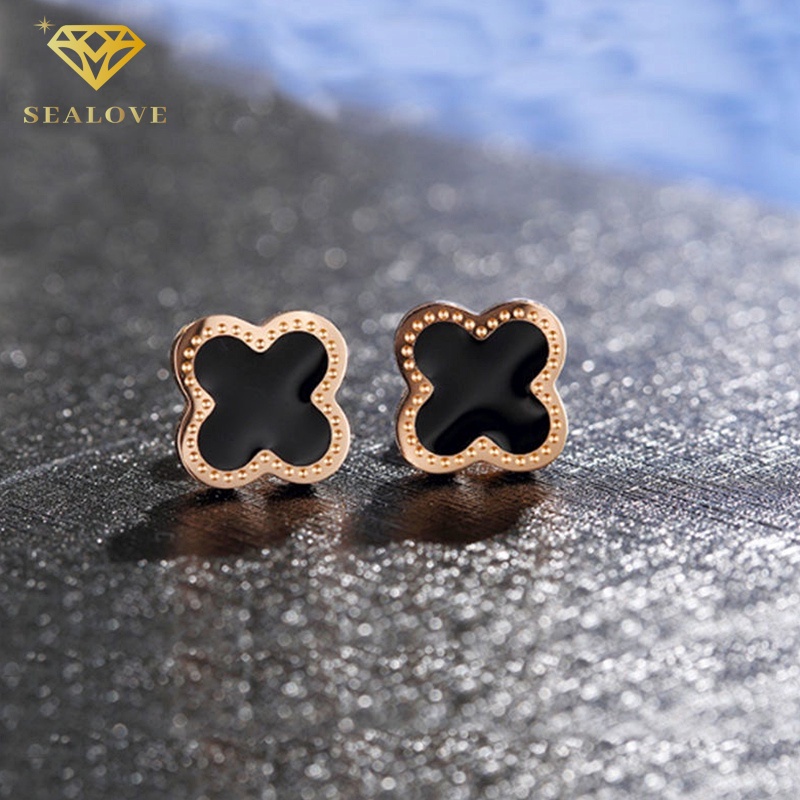 Anting Tindik Titanium Anti Karat dan anti luntur asli hitam Bunga semanggi Lucky aksesoris perhiasan