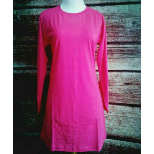 Kaos Cewe Pink Magenta / Merah Muda Polos Muslimah Lengan Panjang Cotton Combed untuk Hijabers