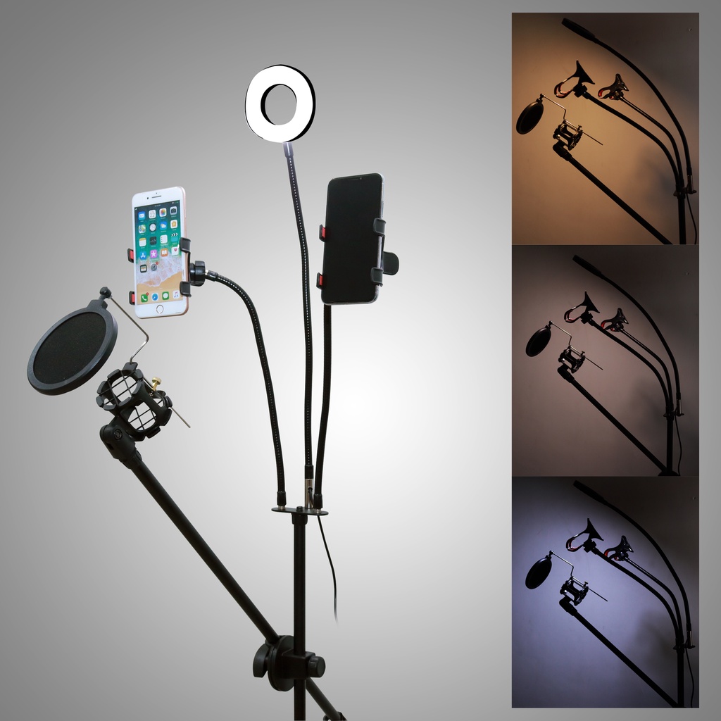 (PAKET LENGKAP) Pro Stand Mic Microphone 1 &amp; 2 Holder HP + LED untuk Vloggers / TikTok / Youtuber