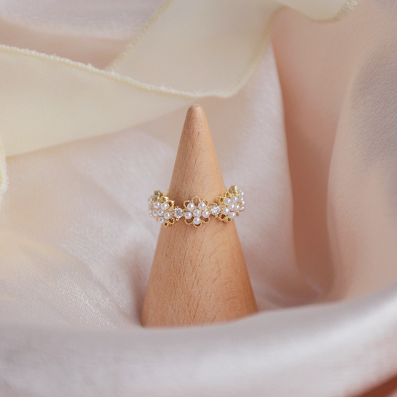 Cincin Model Terbuka Dapat Disesuaikan Desain Bunga Aksen Mutiara