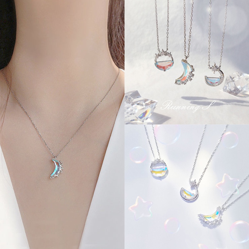 Kalung Rantai Klavikula Pendek Liontin Bulan Bintang Kristal Zircon Bahan 925 Silver Gaya Korea Untuk Wanita