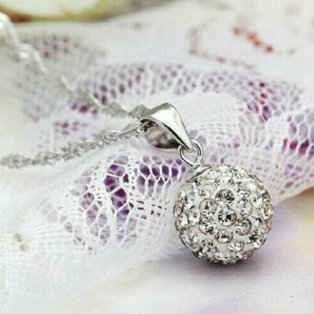 Kalung Liontin Wanita Cewek Bola Permata Zircon Disco Silver Titanium Stainless Steel