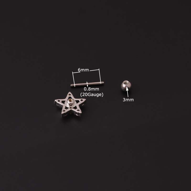 1pc Anting Tindik Tulang Rawan Telinga Bentuk Bintang Hollow Out Bahan Surgical Steel 20Gauge Dengan Zircon