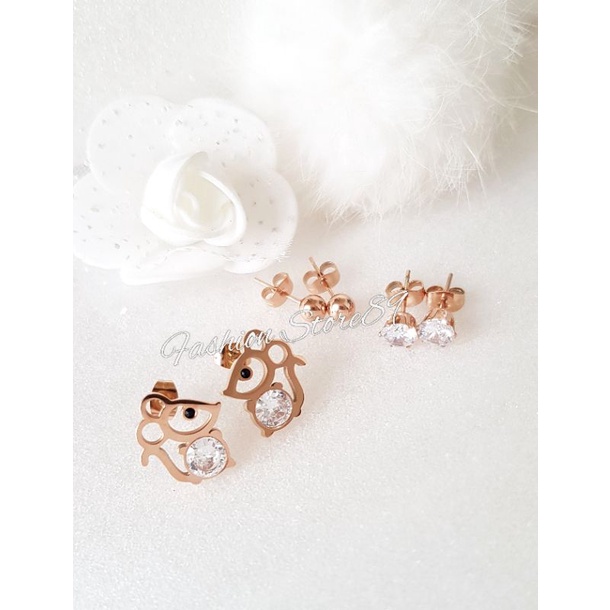 Anting Set 3 Rabbit Anting Tusuk Pentol Anting Tusuk Permata Zircon Rosegold Titanium impor Antikarat Anting Set3 Titanium Rosegold