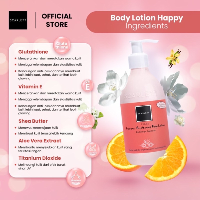 SCARLETT WHITENING HAPPY SERIES BODY CARE BODY LOTION BODY SERUM BODY CREAM BODY SCRUB SHOWER SCRUB HAPPY