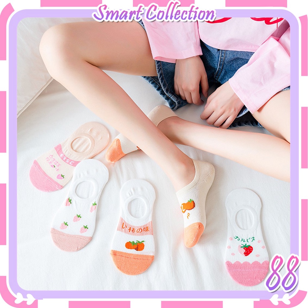 SC✌ KK808 Kaos Kaki Pendek Wanita Motif Buah Strawberry Orange Fashion Korean Unisex Semata Kaki Oren Peach Putih Socks