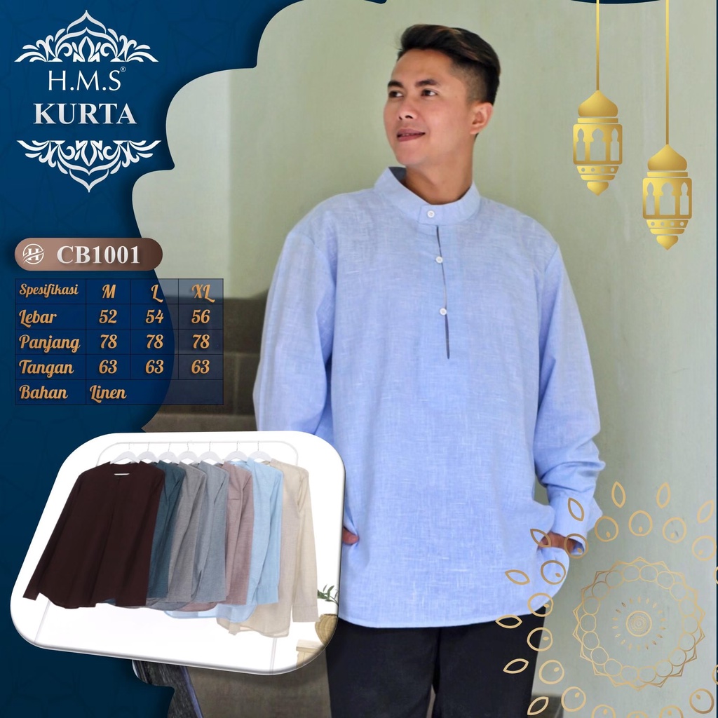 HMS kurta lengan tiga perempat baju muslim pria kurta warna blue mist seri art kode CD5002