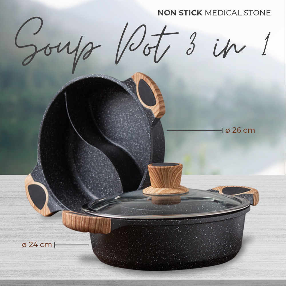 Panci Shabu Suki Hot Pot 2 Sekat Medical Stone Anti Lengket Steamboat Non Stick Tutup Kaca Mangkok S