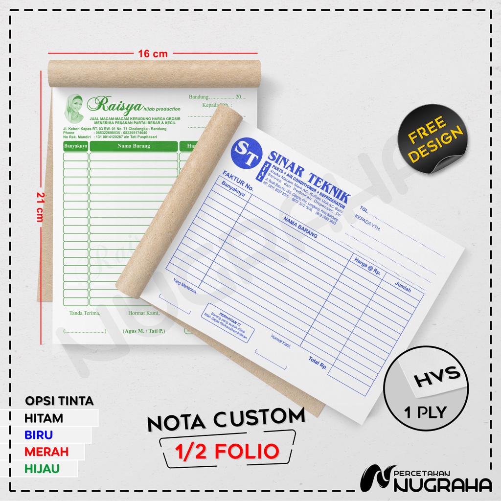 

NOTA CUSTOM 1/2 FOLIO 1 RANGKAP / BUKU NOTA KONTAN Isi 50 lembar