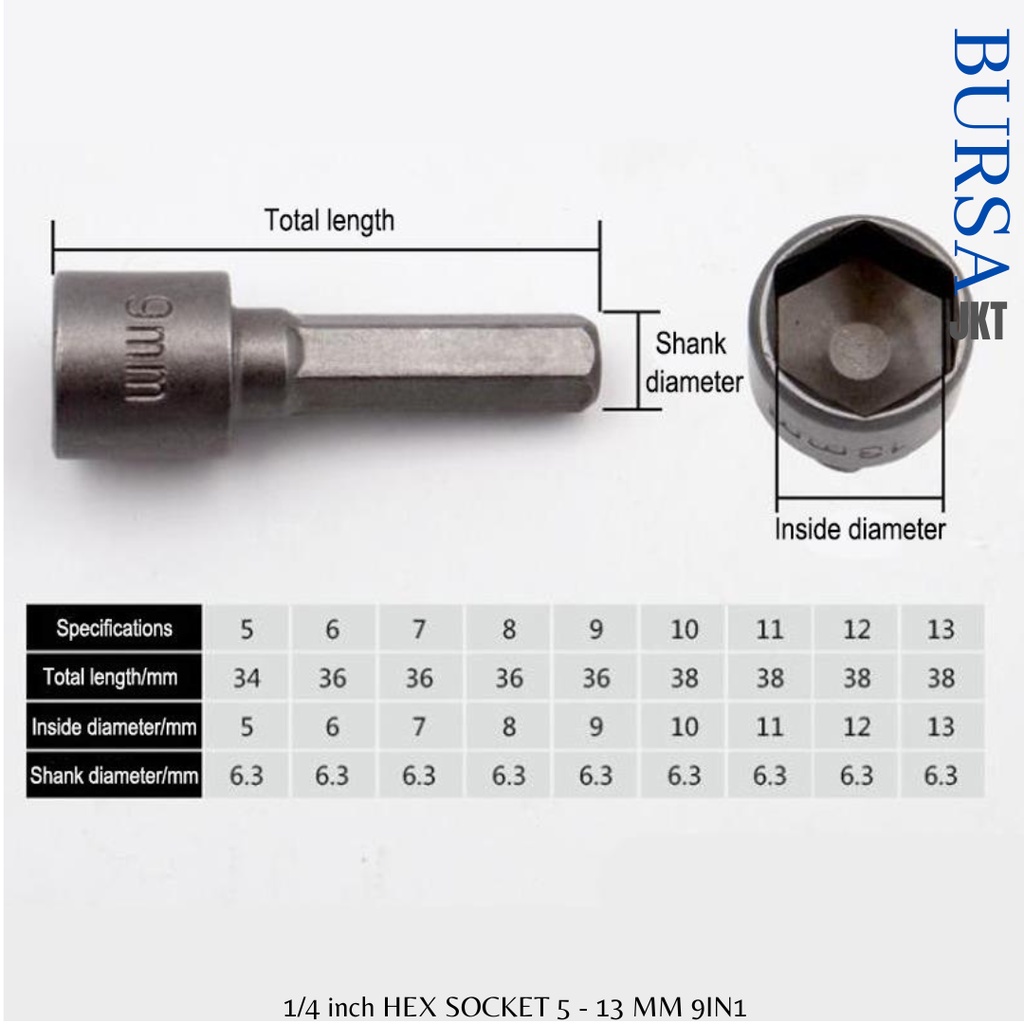 DRIVER WRENCH SOCKET SET HEX 6.35MM 1/4 NON MAGNETIC 9IN1