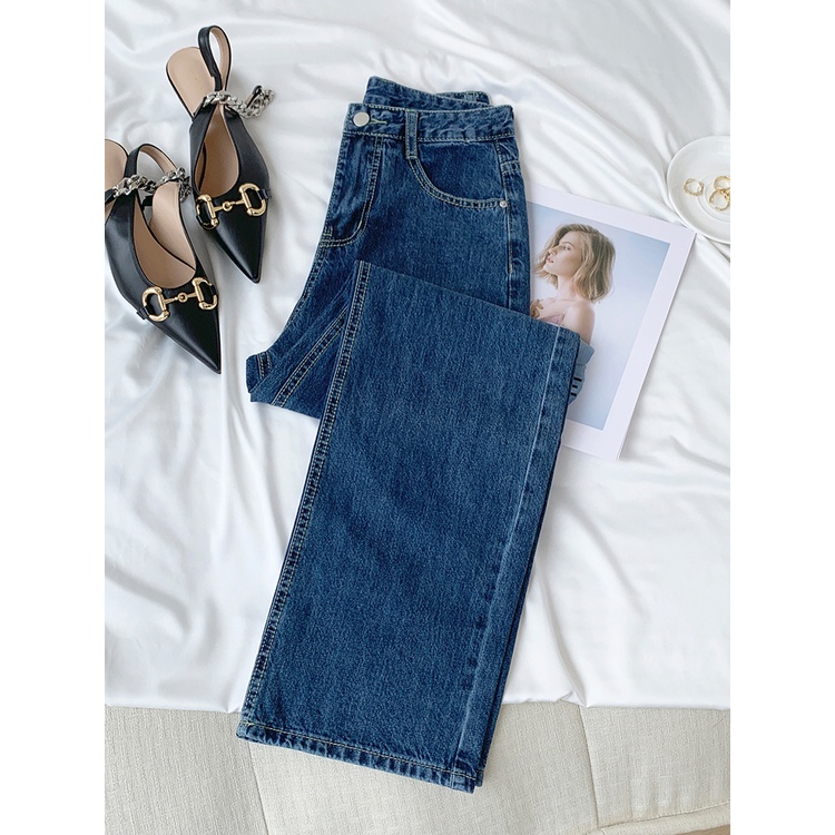 Denim Celana / High Waist Straight Celana Jeans Panjang Wanita Import（realpict）