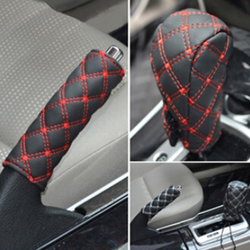 2pcs Anti-slip Dan Serap Keringat Kulit Sintetis Mobil Gear Shift Knob Rem Tangan Kepala Shift Knob Cover Sleeve Aksesoris Interior Mobil