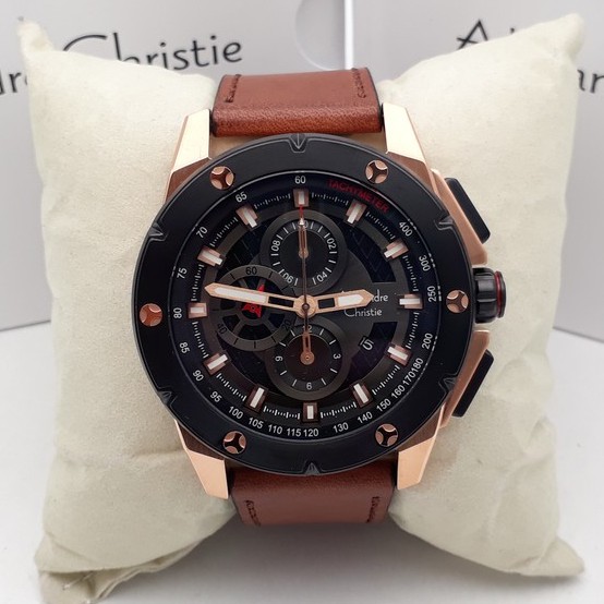 Alexandre Christie AC 6549 Rose Gold Black Leather Brown For Men Original