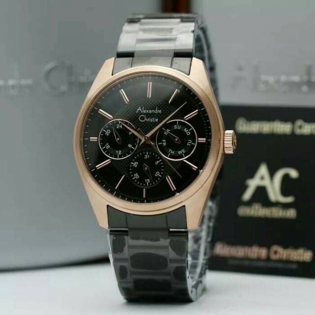 JAM TANGAN PRIA ALEXANDRE CHRISTIE COWOK ROSE GOLD BLACK TALI RANTAI ORIGINAL   - AC WOSK HITAM LAKI