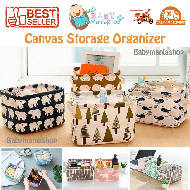 Kotak Penyimpanan Serbaguna MOTIF TERLENGKAP Canvas Storage Organizer Kanvas Natural Toy Storage Box Cosmetic Book Organizer Container Laundry Basket Babymaniashop