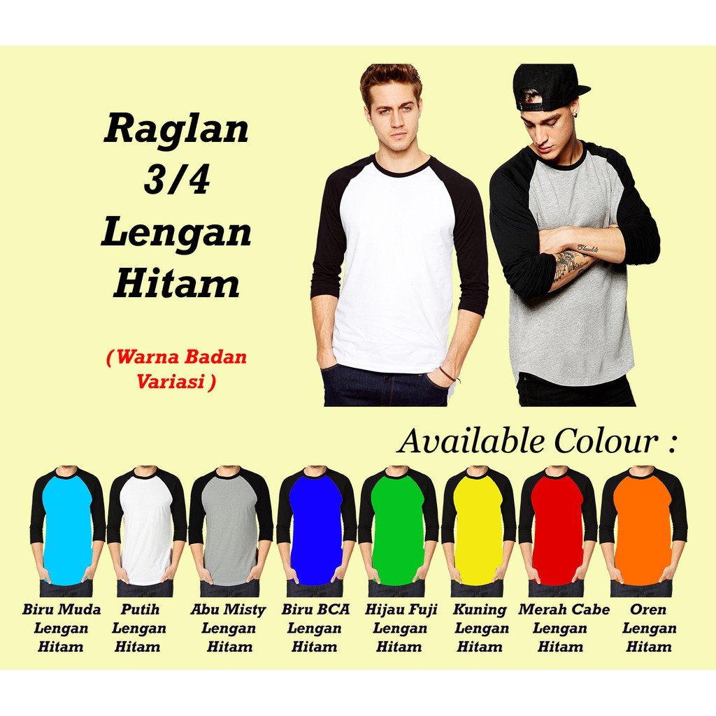 KAOS RAGLAN COTTON COMBED 30S 3 4 LENGAN WARNA HITAM WARNA BADAN