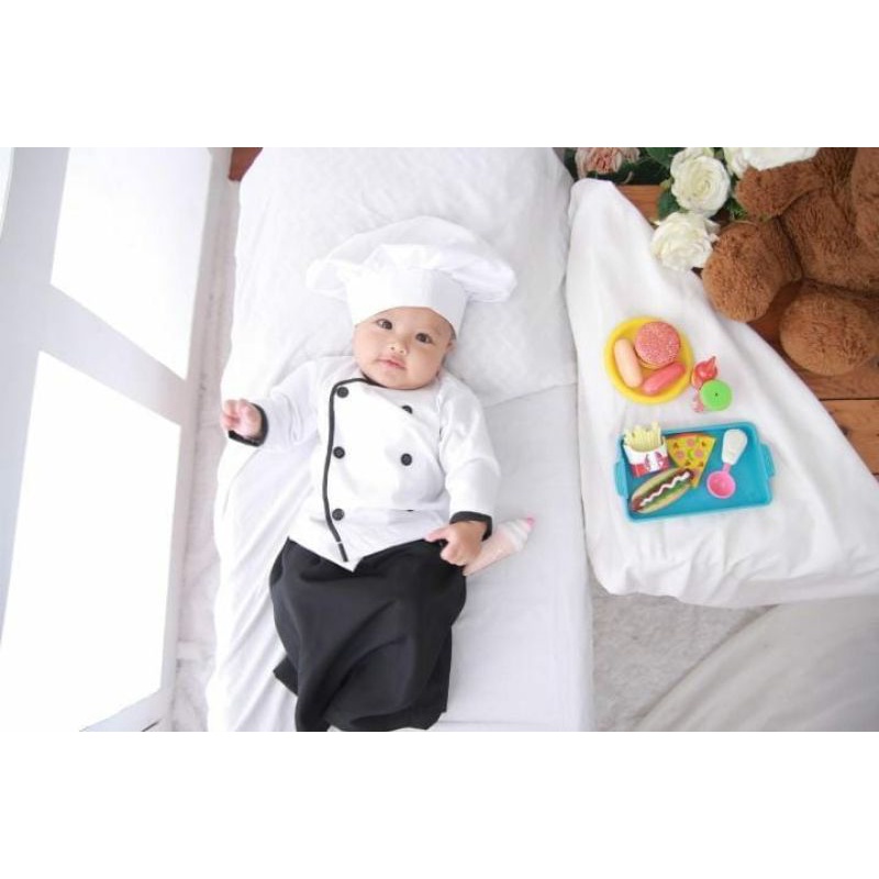 KOSTUM KOKI CEWEK NEWBORN/BAYI/ANAK/KOSTUM CHEF ANAK/KOSTUM ANAK PEREMPUAN/KOSTUM PHOTOSHOOT ANAK/KO