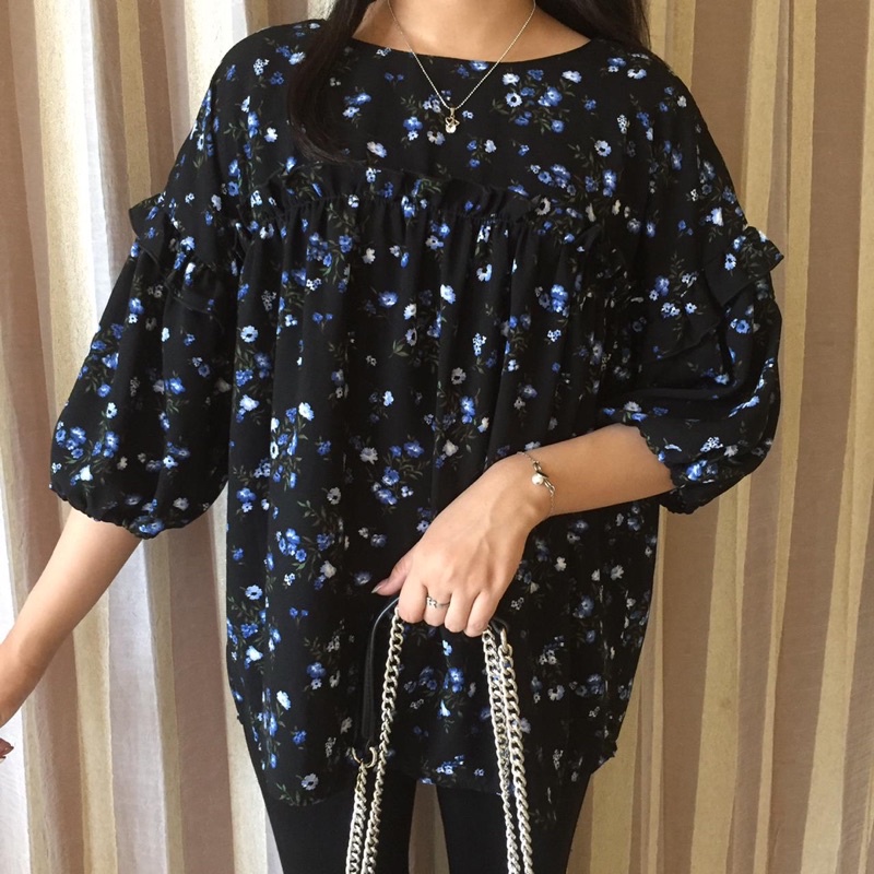 Black Flowers Korean Blouse