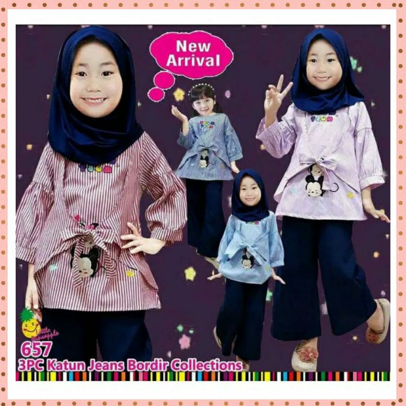 setelan hijab anak perempuan Little Pineapple tsum tsum setelan kulot panjang anak perempuan 3-4 tah