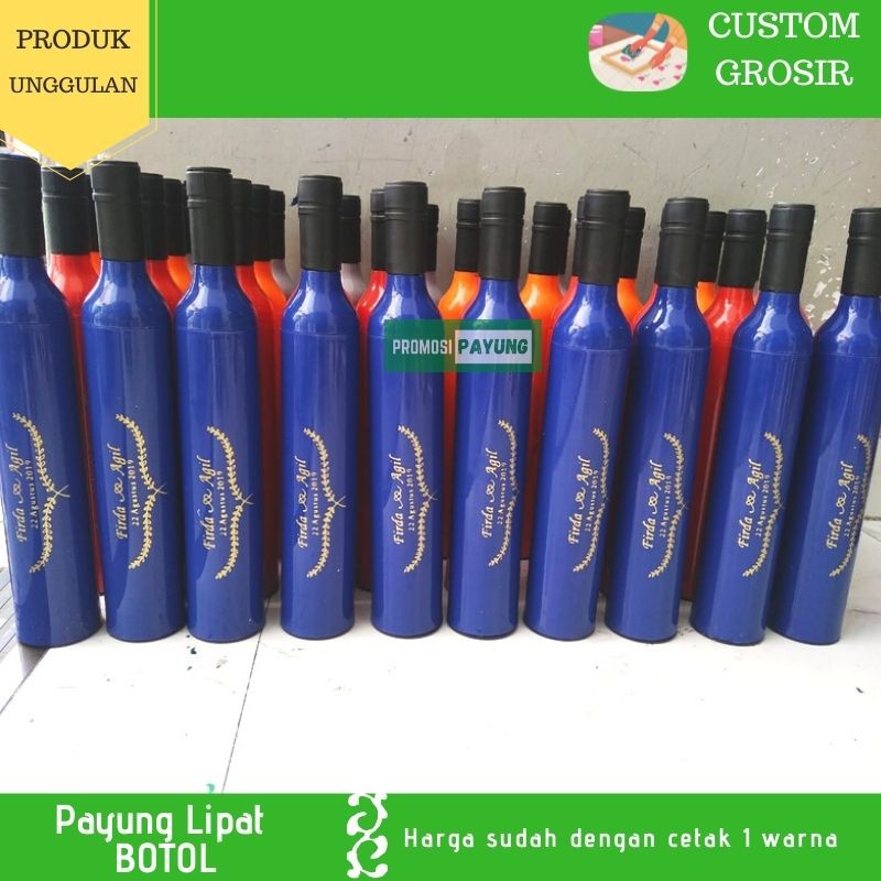 [ PAYUNG CUSTOM GROSIR ] Payung lipat 3 bungkus botol rangka anti angin sablon cetak 1 warna