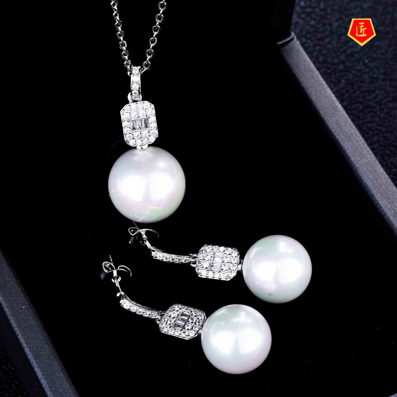 [Ready Stock]Luxury Jewelry Freshwater Pearl Necklace Set Ear Stud and Ring