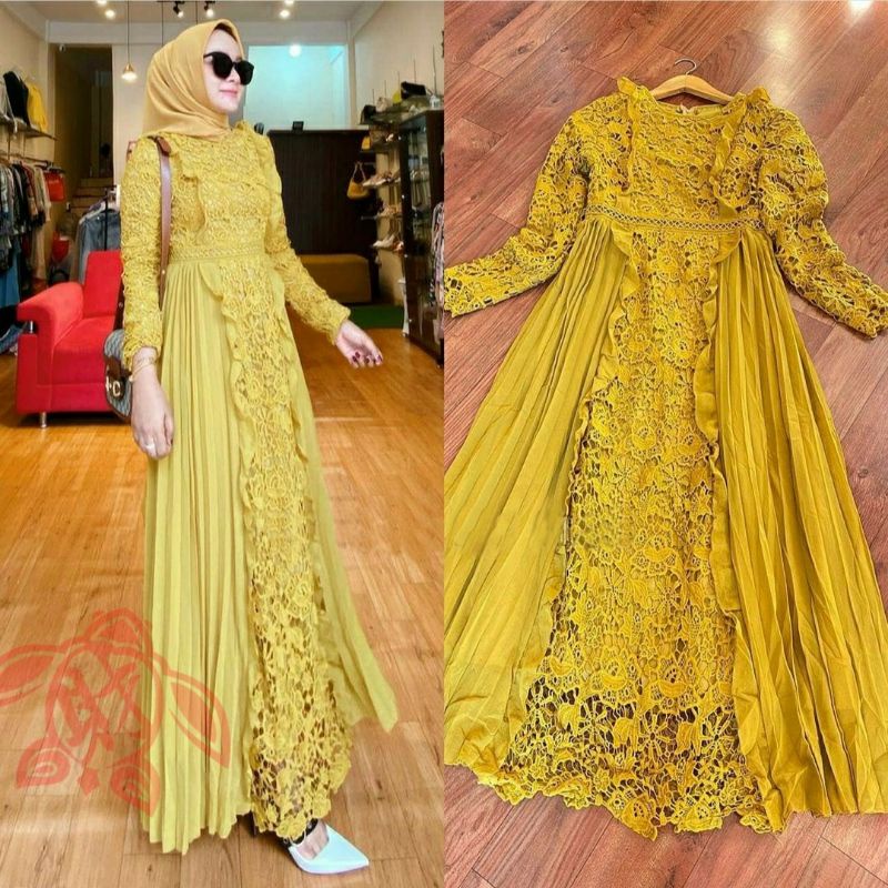 Dress Anggun Ed Maxy Freya Plisket Gamis Brukat Corneli Lapis Furing Model Kekinian Terbaru 2021
