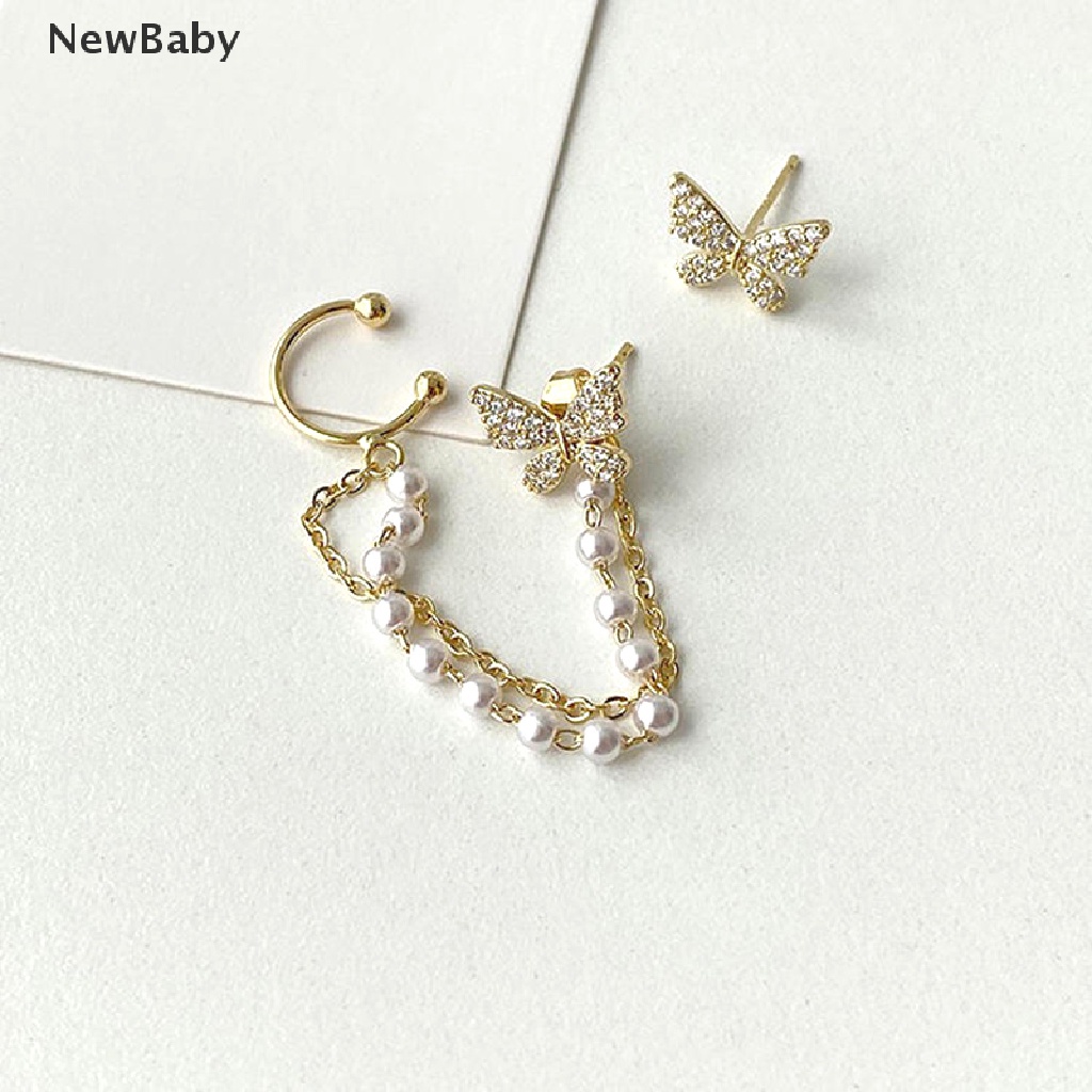 NewBaby Korean Elegant Rhinestone Butterfly Stud Earring With Metal Chain For Women Girl ID