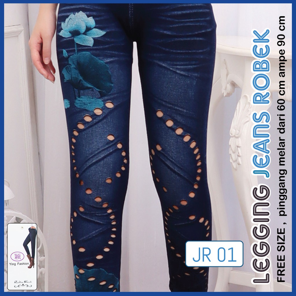 Legging Ripped Jeans 01 / Legging Import Jumbo Wanita / Legging jeans robek kekinian / Legging wanita / legging panjang wanita