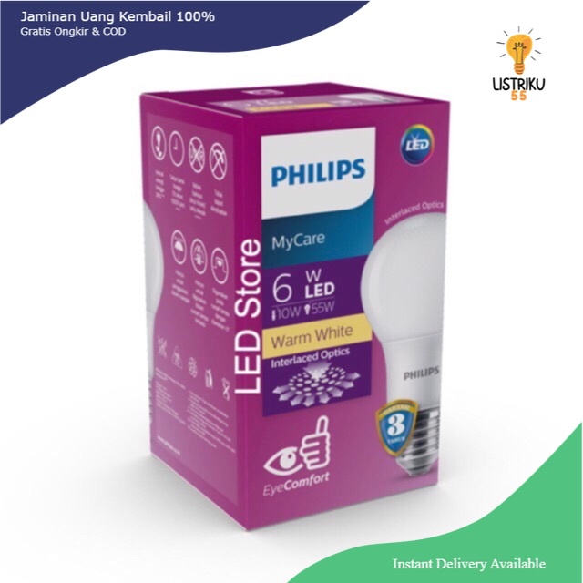 Lampu Bohlam LED Philips 6 Watt Warm White/Kuning (6W 6 W 6Watt)