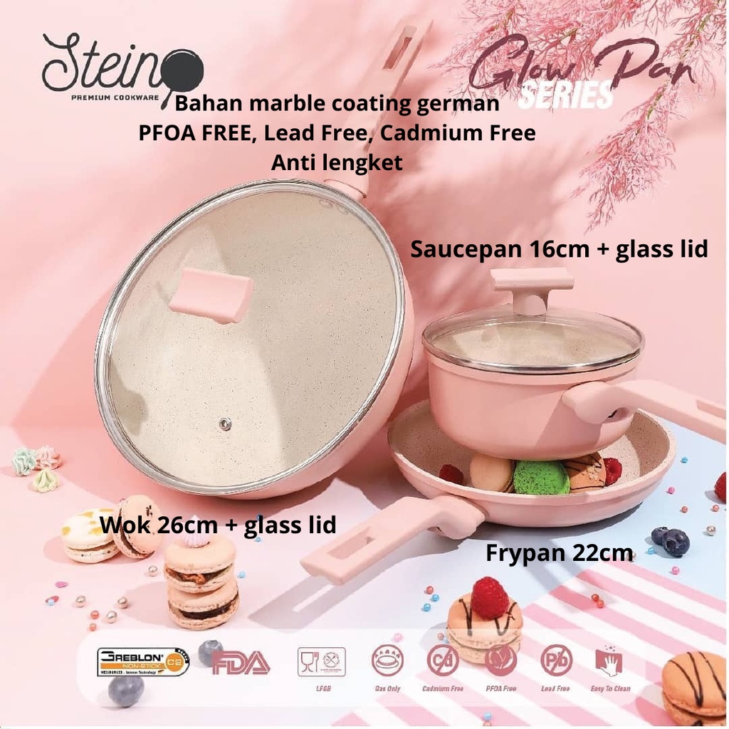 STEIN GLOW PAN SET PINK MARBLE COATING STEIN COOKWARE