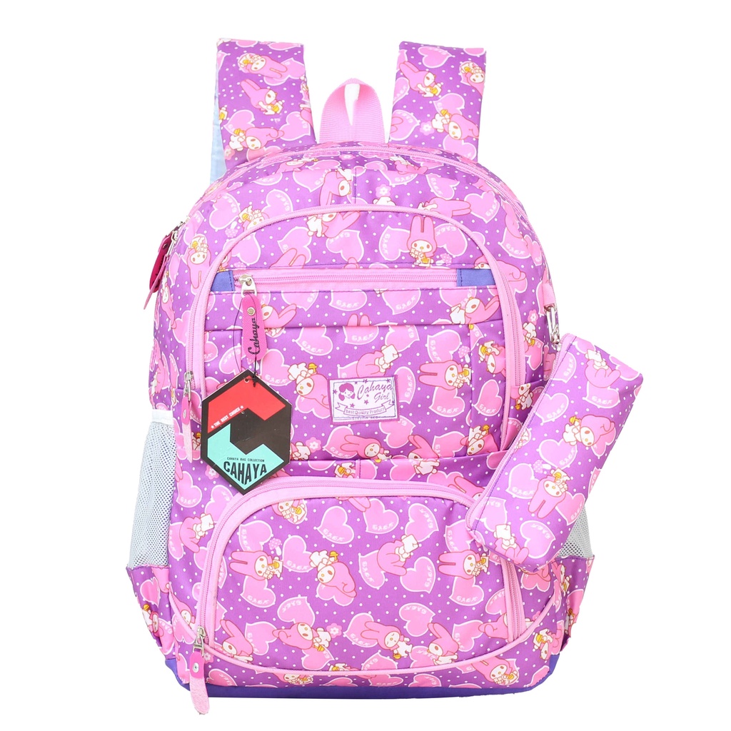 Tas Ransel Anak Perempuan Karakter Cahaya Melody Fashion Anak Tas Ungu Pink Cantik Ransel Anak SD Tas Ransel Perempuan Backpack Anak Cewek Hello Kitty Bonus Tempat Pensil Raincover Tas Ngaji Piknik Les TPA TPQ Muat LKS Buku Tema Buku Paket