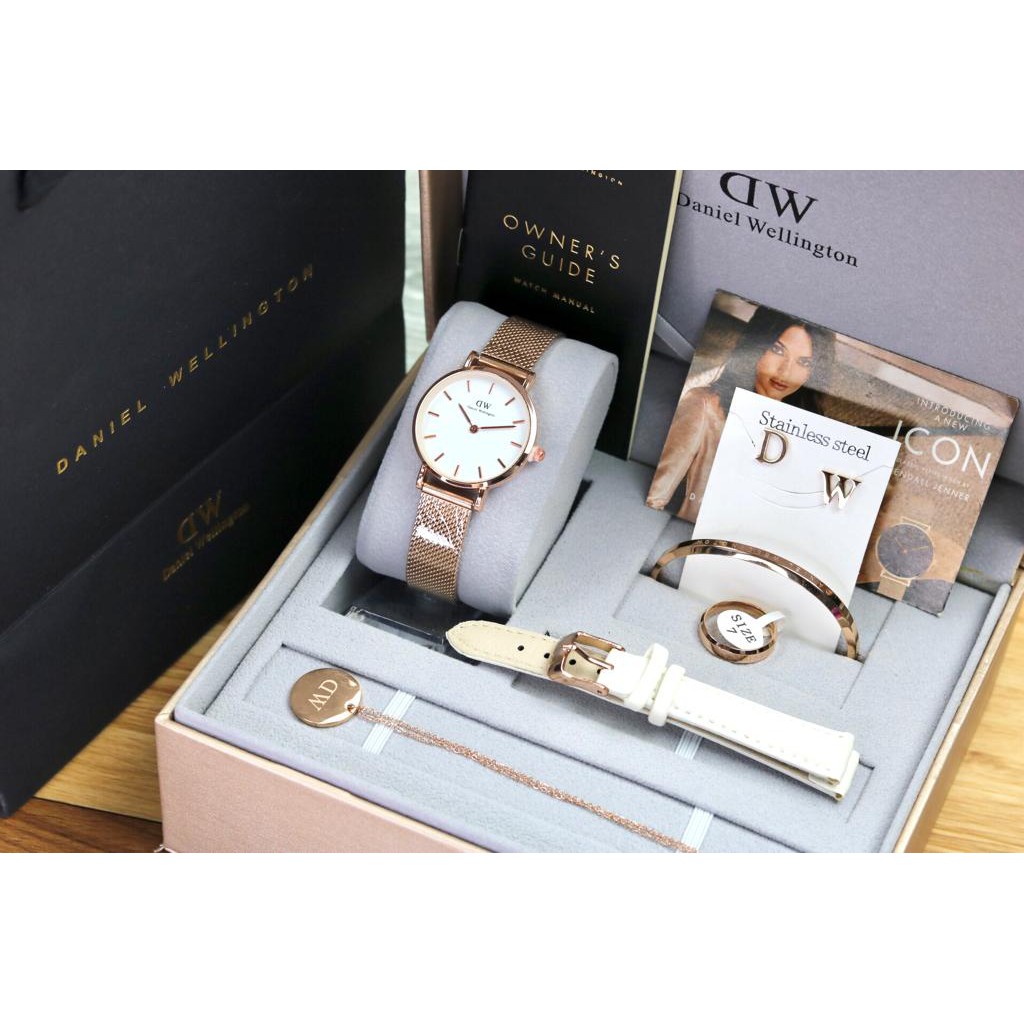 JAM TANGAN WANITA DW PREMIUM RANTAI PASIR - DM 3,2 CM + GELANG + ANTING + KALUNG + CINCIN + TALI