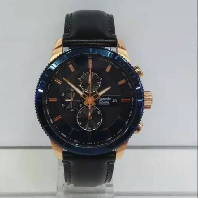 JAM TANGAN PRIA ALEXANDRE CHRISTIE AC 6501 COWOK ROSEGOLD BLUE LEATHER BLACK / ROSE GOLD BIRU HITAM