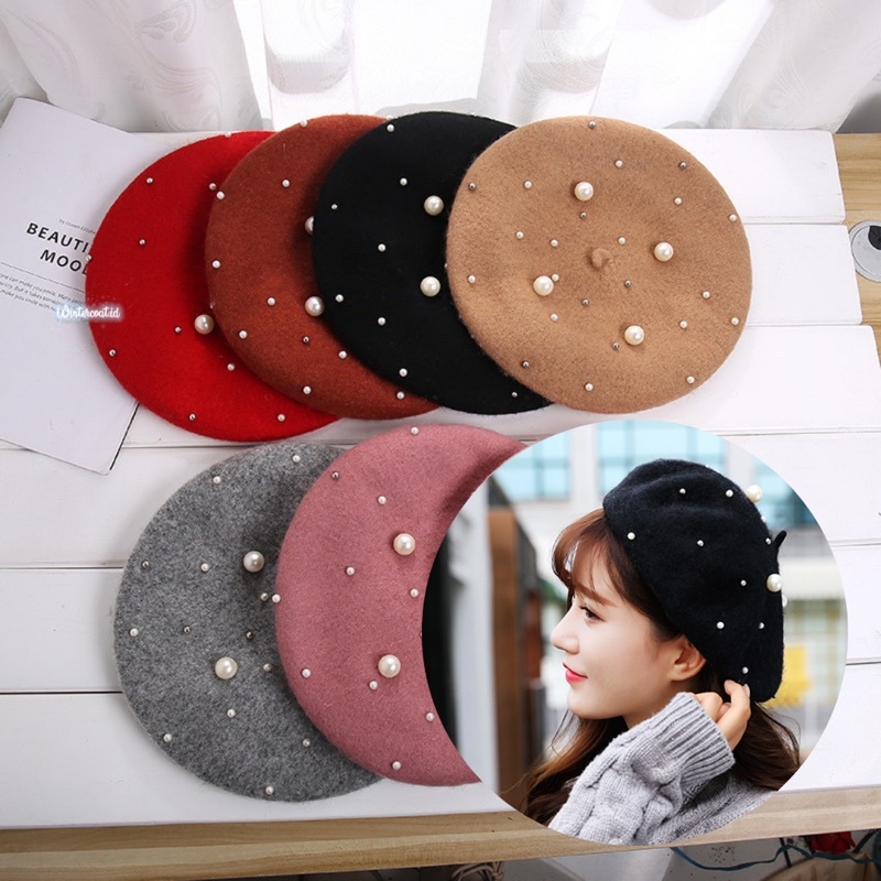 READY INDONESIA Pearl Beret Hat import women topi kupluk wanita korea