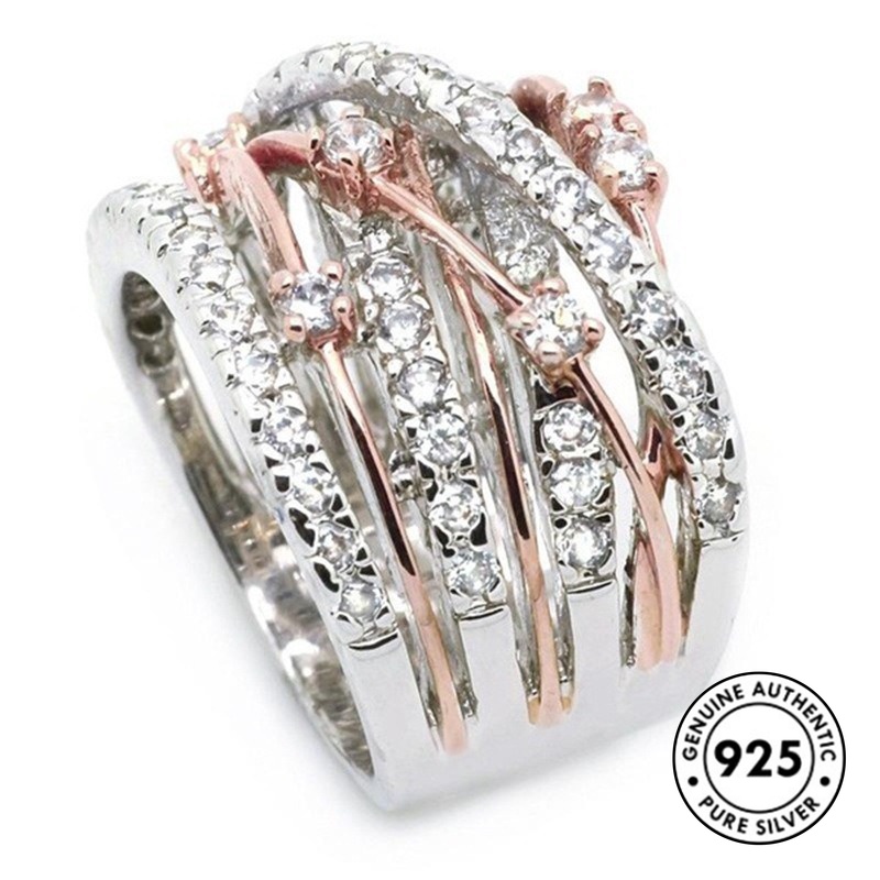 Cincin Sterling Silver 925 Model Silang Dengan Pemisah Warna Untuk Wanita