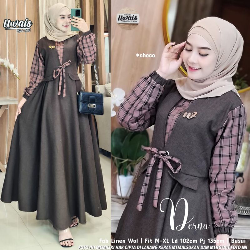 DERNA BY UWAIS/gamis/gamis linen/linen wol/dres/gamis pesta/gamis lebaran