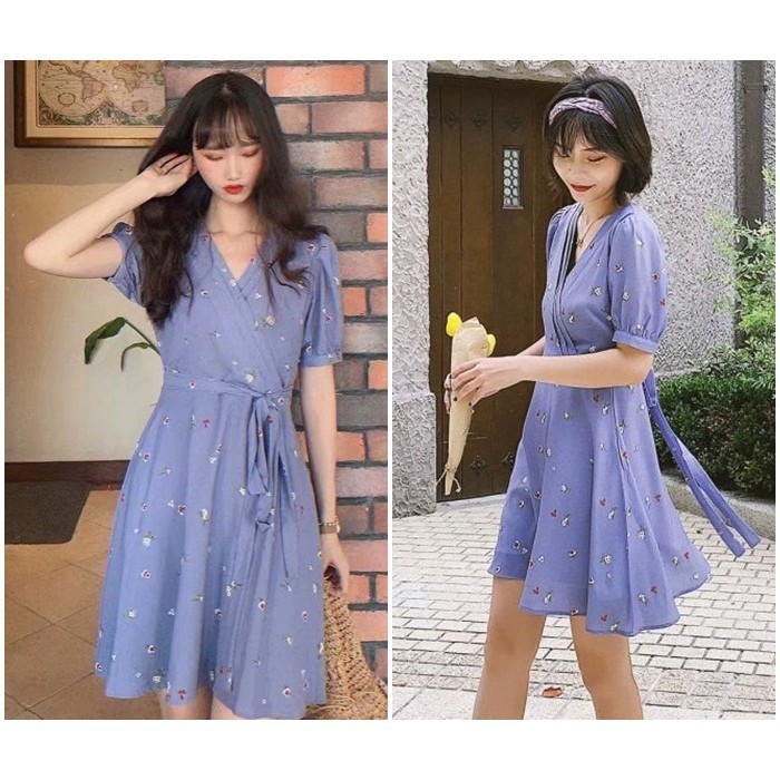 [baju wanita korea]  Casual Mini Dress Bunga Wanita Korea Import Blue Biru