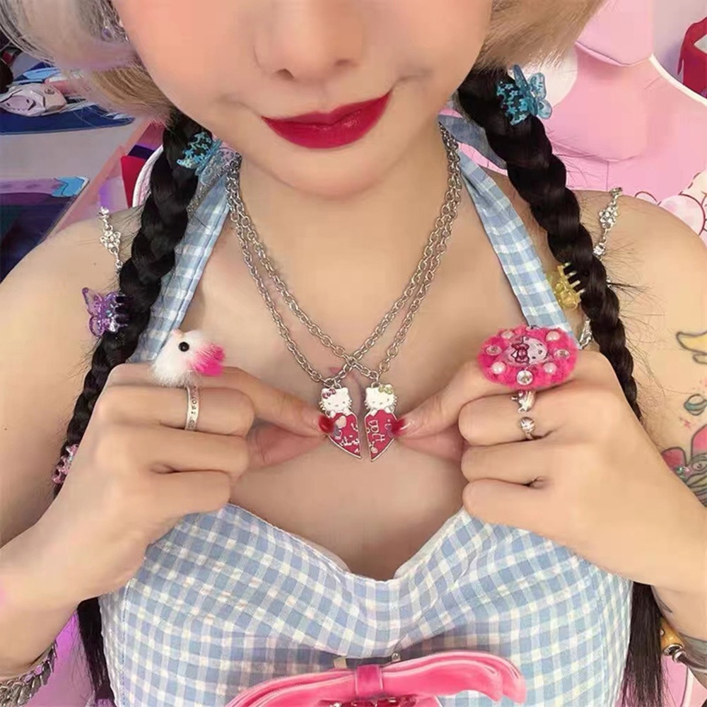 2pcs Kalung Persahabatan Dengan Liontin Bentuk Hati Warna Pink Untuk Wanita