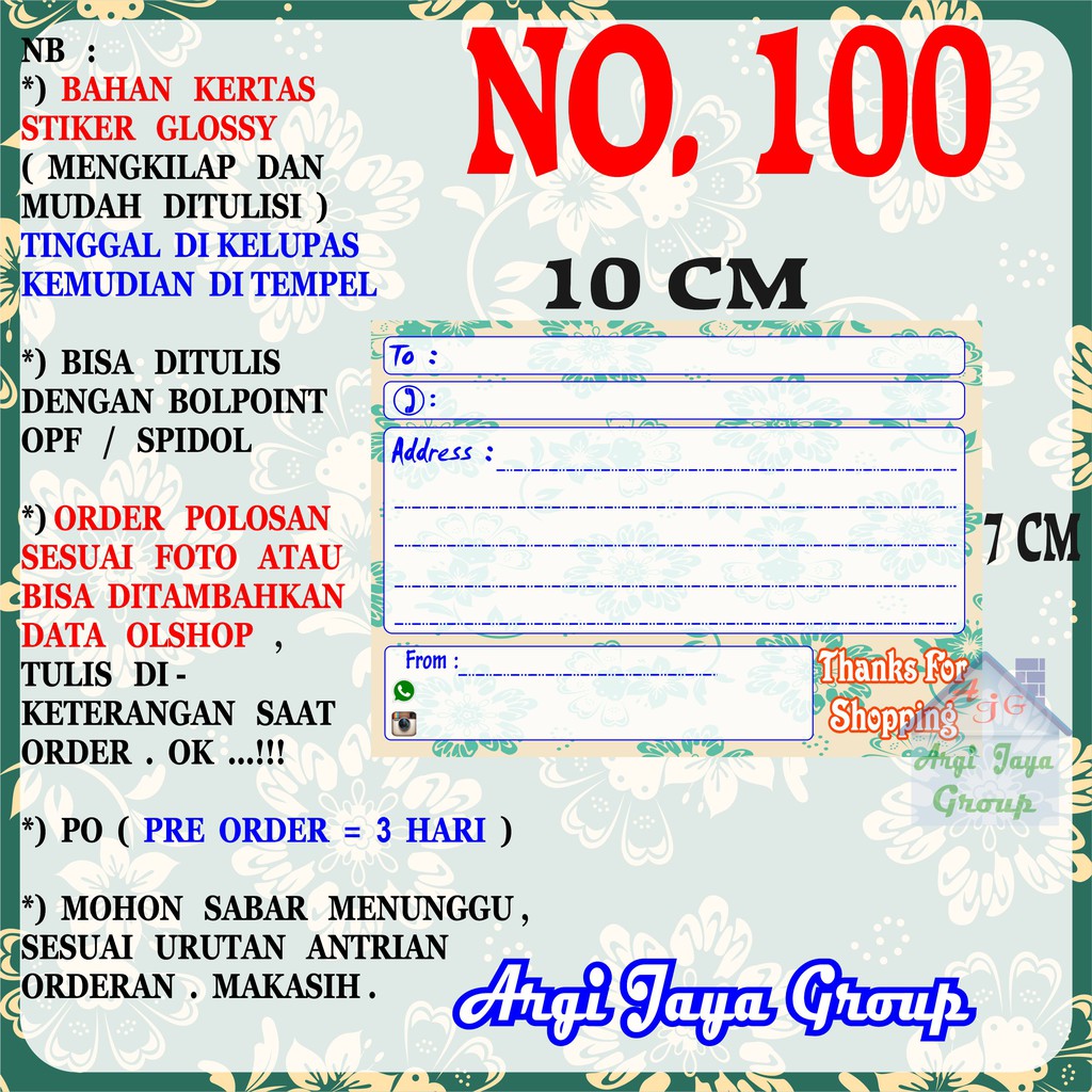 

Stiker Pengiriman - Sticker Alamat Olshop Murah Nomer 100 - 10x7 cm - Glossy
