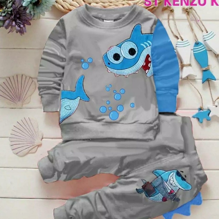 Setelan anak laki laki dan perempuan motif hiu baju anak 1-5 tahun sweater joger anak terlaris