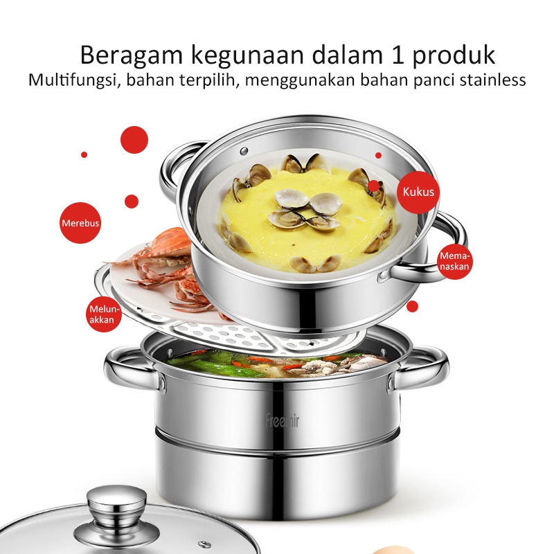 [UPGRADE - FREE PISAU SET] Panci Kukus 2 Susun Steamer Stainless Steel Tebal Dandang Cooking Pot Diameter 26 cm