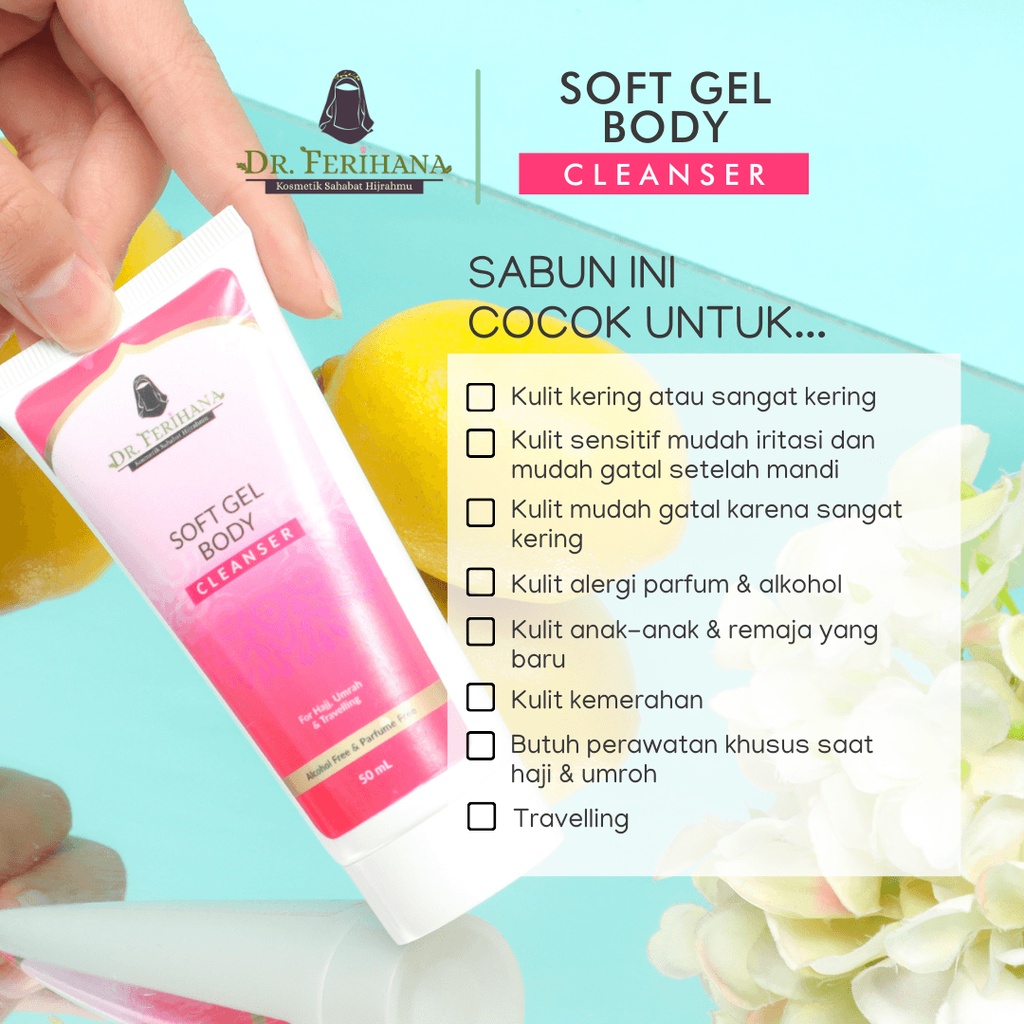 Soft Gel Body Cleanser For Hajj Umroh Travelling Merupakan Produk Sabun untuk Badan yang Bisa digunakan untuk Kulit Sensitif tidak Mengandung Alkohol dan Parfum Sehingga juga bisa digunakan saat haji atau umrah