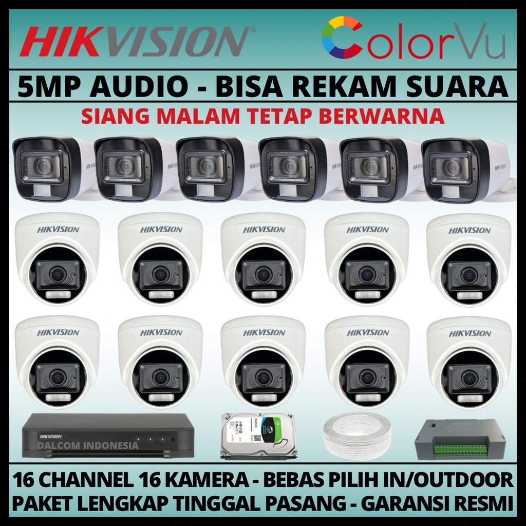 PAKET CCTV HIKVISION COLORVU 5MP 16 CHANNEL 16 KAMERA COLORFUL