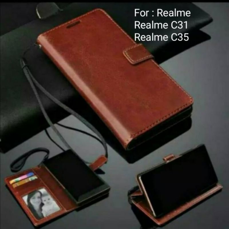 Leather Case Realme C31 C35 Sarung Dompet Wallet Kulit Casing Flipcover buku Book Folio Cover diary