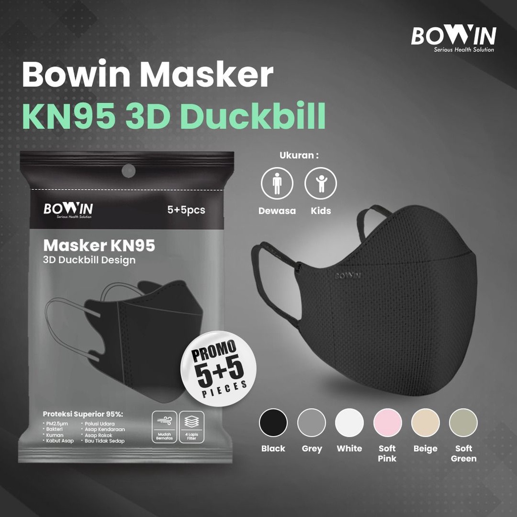 BOWIN Masker KN95 - DUCKBILL 3D (Filter ≥95% BFE PFE) Masker Medis / Masker Kesehatan (isi 3 / 10 pcs)