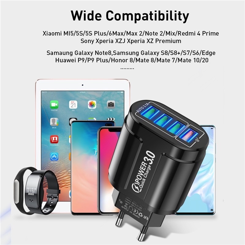 Adapter Charger Dinding 4 Port USB QC 3.0 Fast Charging Plug EU / US Portable Untuk Android / Travel