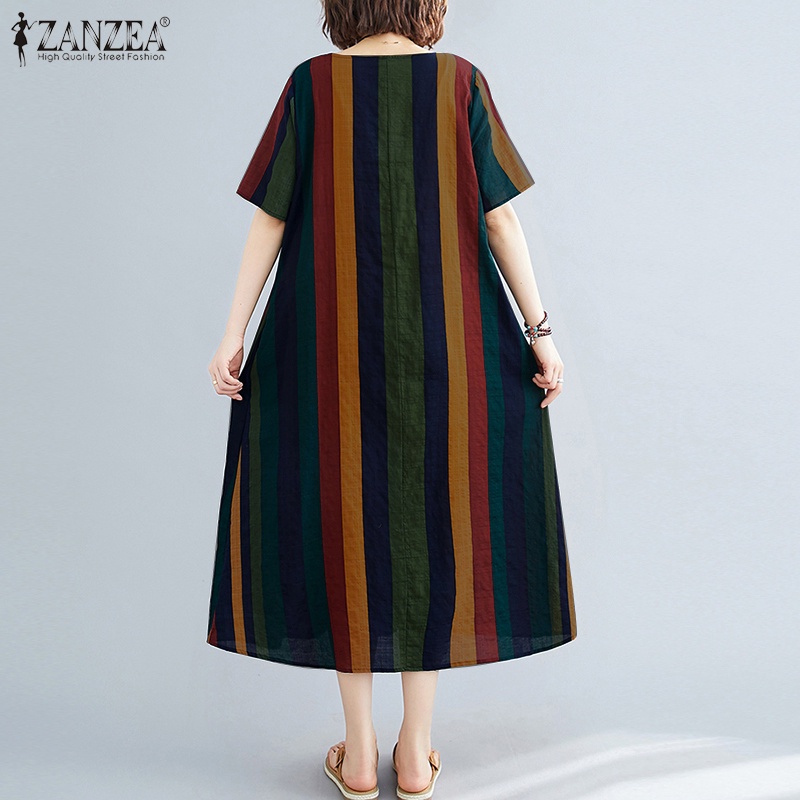 ZANZEA Women Short Sleeve Striped Vintage Flare Swing Maxi Dress